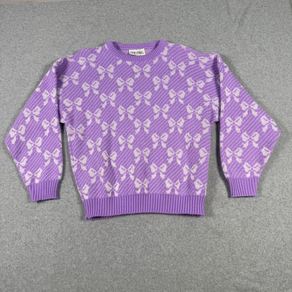 Galaxie Vintage 80s Coquette Purple Bow Pattern Crewneck Sweater Made in USA